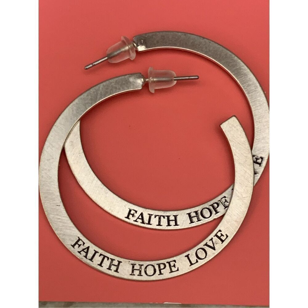 Silver Hoop Earrings stamped Faith Hope Love #faith